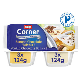 Müller Corner Banana Chocolate Flakes and  Vanilla Chocolate Balls Yogurts, 6 x 124g