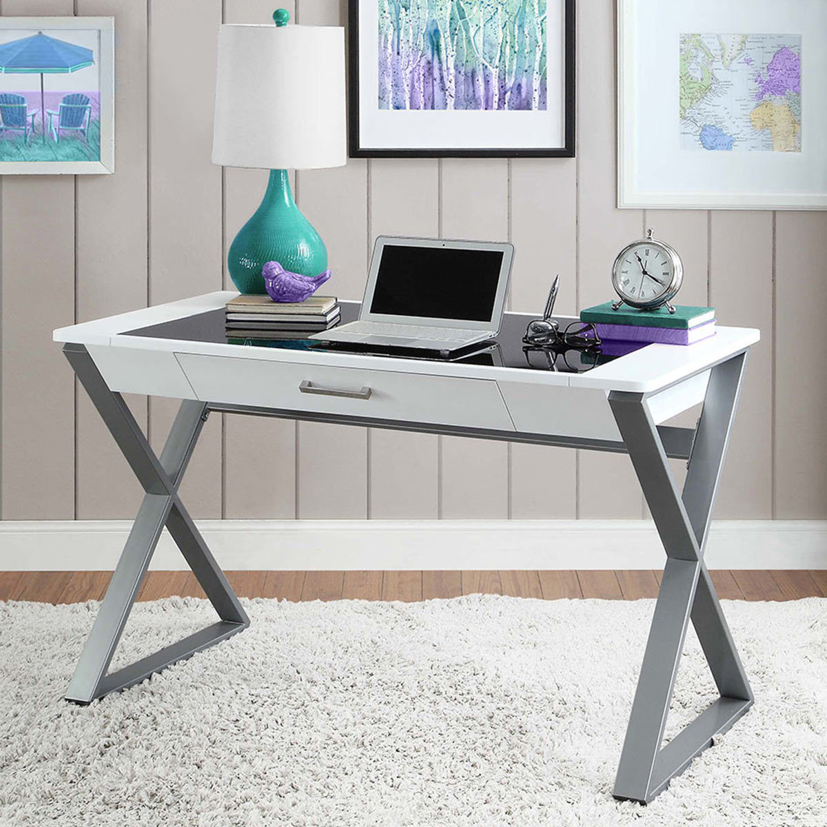 Bayside Furnishings Writing Desk With Tempered Glass Top Storage