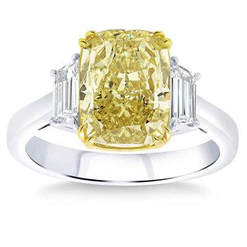 4.56ctw Cushion Cut Fancy Intense Yellow Three Stone Diamond Ring, Platinum