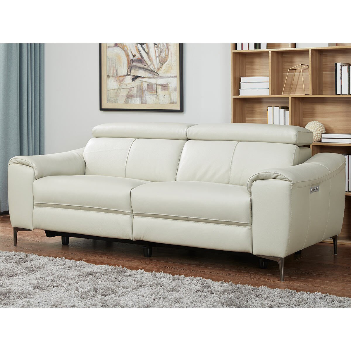 Kuka Warren 3 Seater Light Grey Leather Power Reclining Sofa