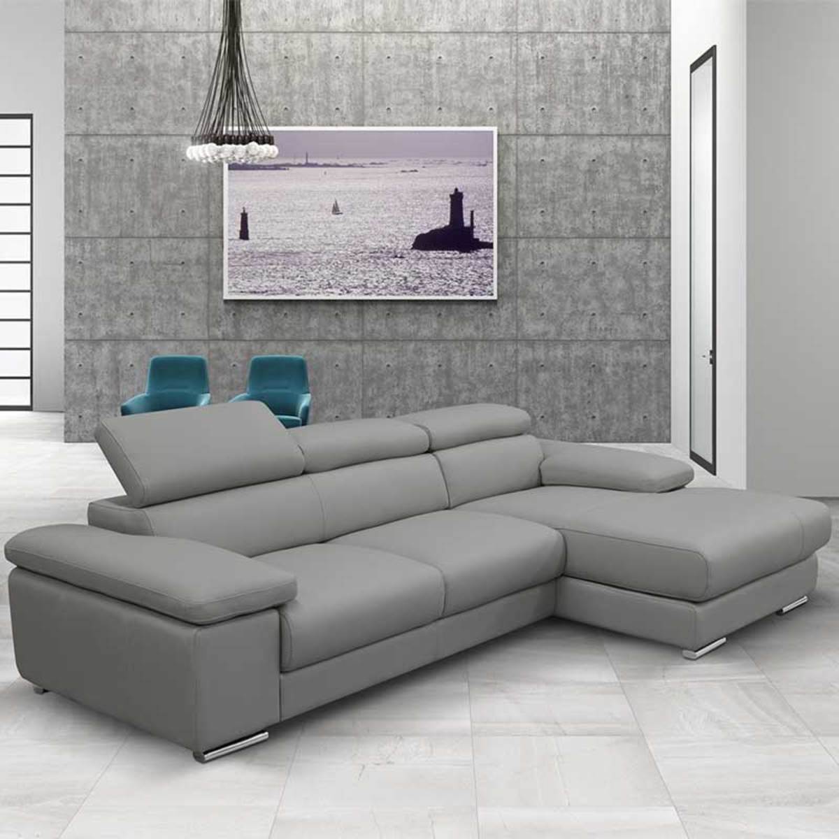 Nicoletti Lipari Grey Italian Leather Sofa Chaise Left Facing