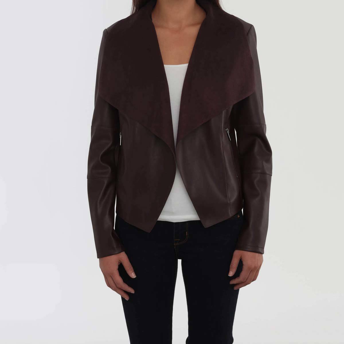 Bagatelle Women S Faux Leather Drape Jacket Wine Small Costco Uk