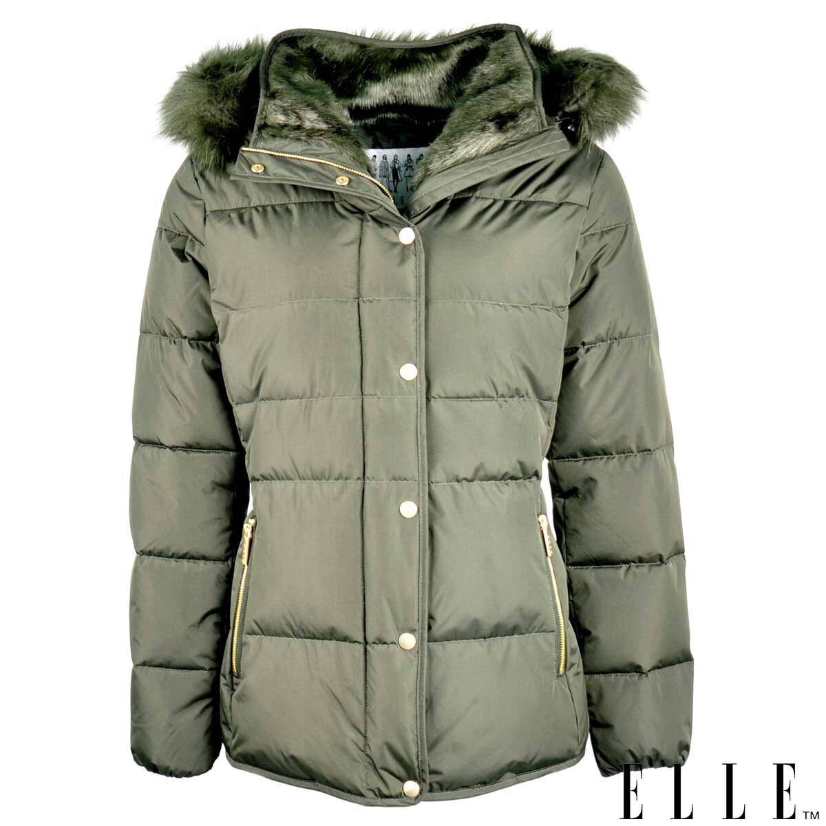 Elle Zoe Woman's Down Jacket, Khaki Zoe Down and Feather Full Zip Quilted