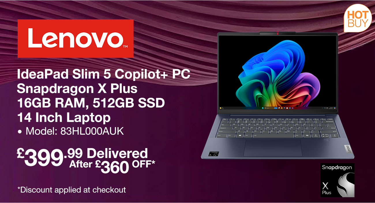 Lenovo IdeaPad Slim 5, Copilot+ PC, Snapdragon X Plus, 16GB RAM, 512GB SSD, 14 Inch Laptop