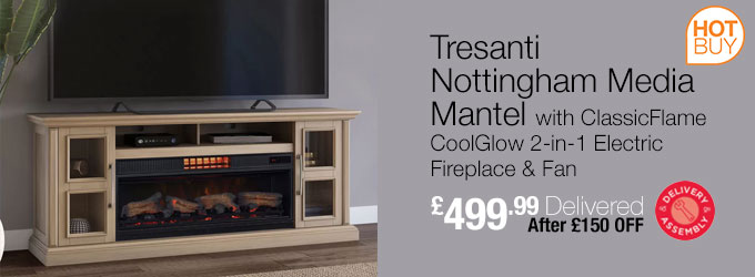 Tresanti Nottingham Media Mantel with ClassicFlame CoolGlow 2-in-1 Electric Fireplace & Fan