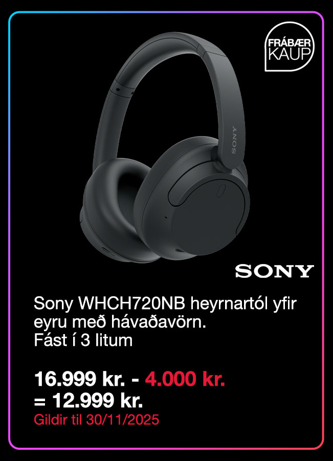 Sony WHCH720NB heyrnart&oacute;l yfir eyru me&eth; h&aacute;va&eth;av&ouml;rn. F&aacute;st &iacute; 3 litum