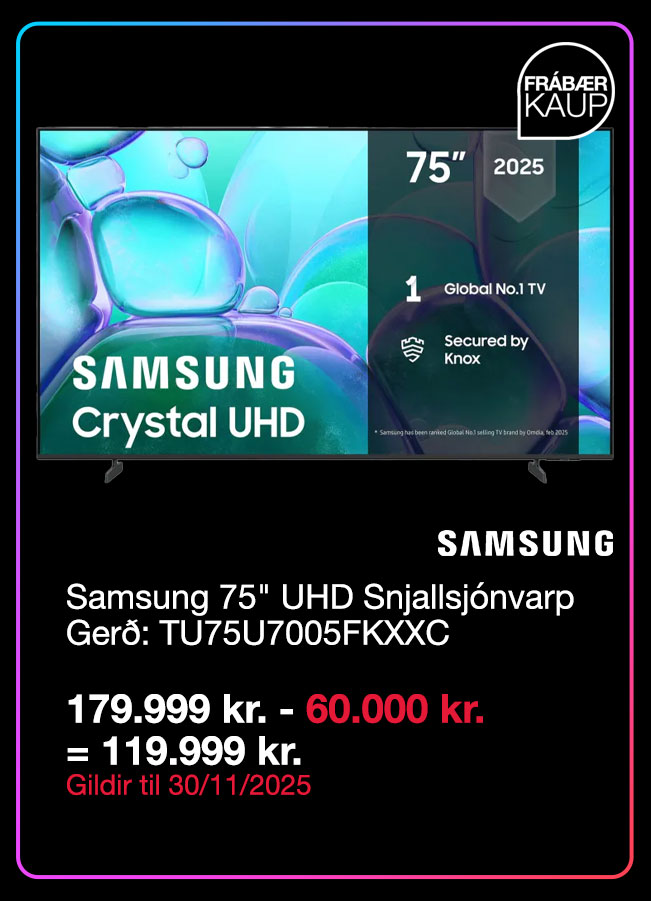 Samsung 75 Inch UHD Snjallsj&oacute;nvarp Ger&eth;: TU75U7005FKXXC