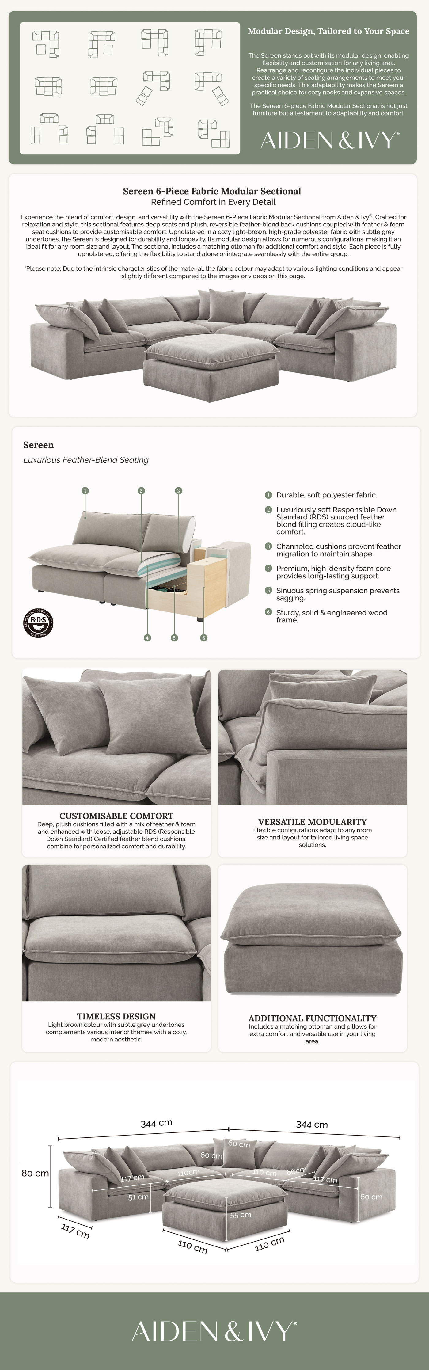 26P5W3 Aiden Ivy Sereen Beige Fabric 6 Piece Modular Sofa