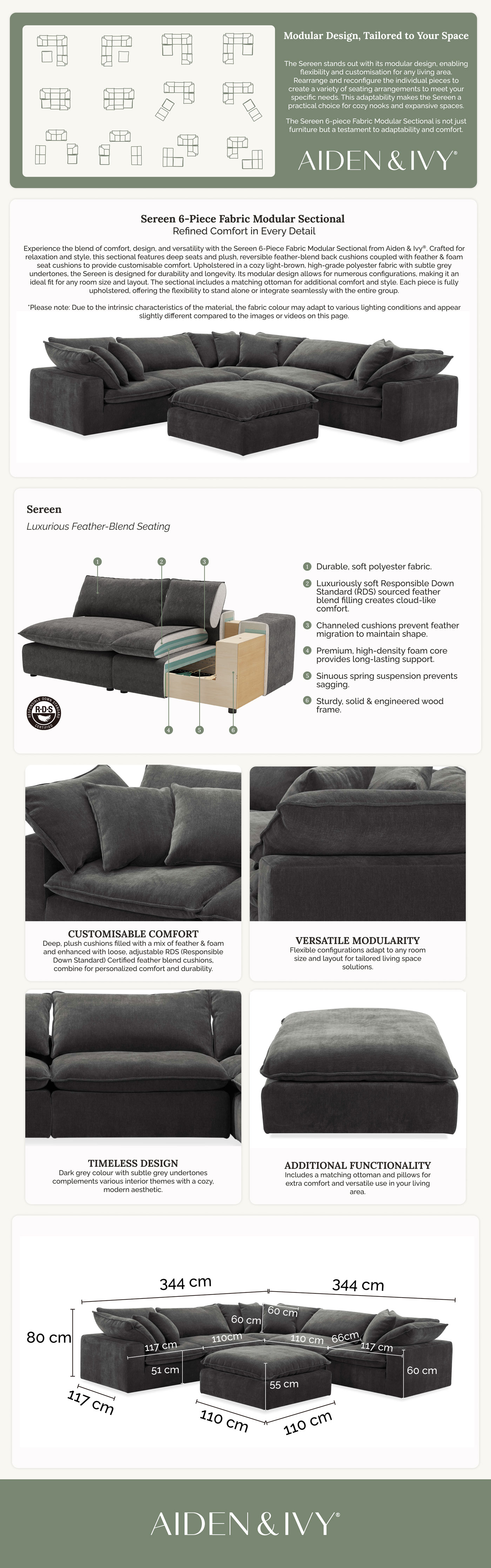 26P5W3 Aiden Ivy Sereen Dark Grey Fabric 6 Piece Modular Sofa