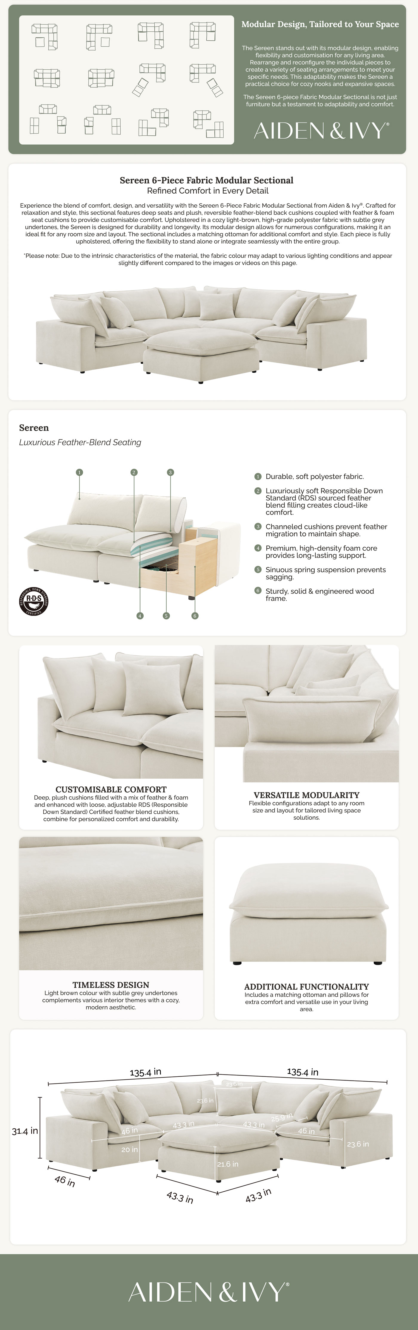 Aiden & Ivy Screen Cream Fabric 6 Piece Modular Sofa