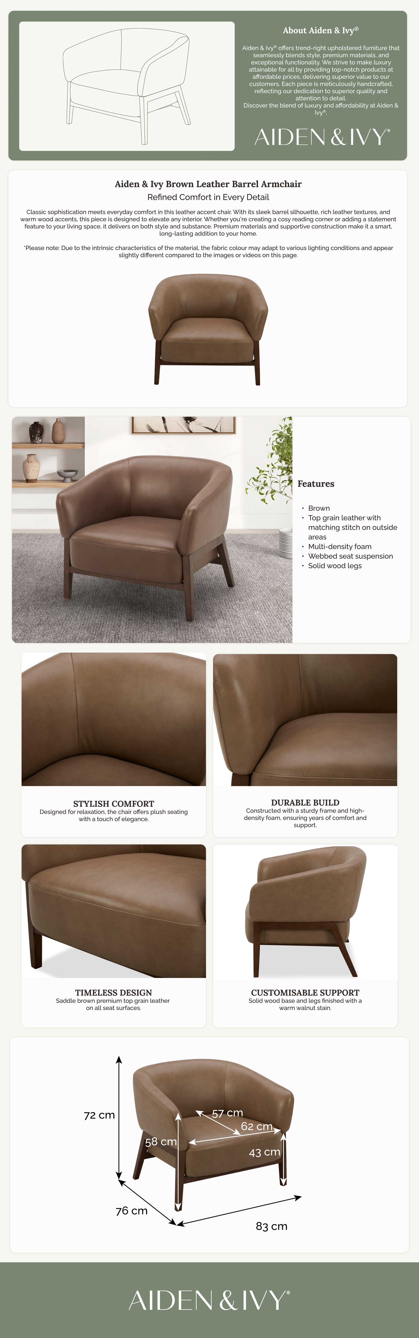 Aiden & Ivy Brown Leather Barrel Armchair