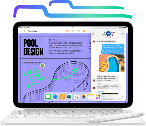 iPad connected to Magic iPad Keyboard Folio with Apple Pencil and using the Pages and Messages app. Annotation pointing to the keyboard reading “Swipe, type or use the trackpad”