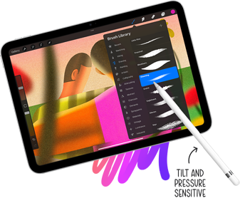 Apple Pencil selecting brush style from Brush Library on iPad. Annotation pointing to Apple Pencil reading “Tilt and pressure sensitive”