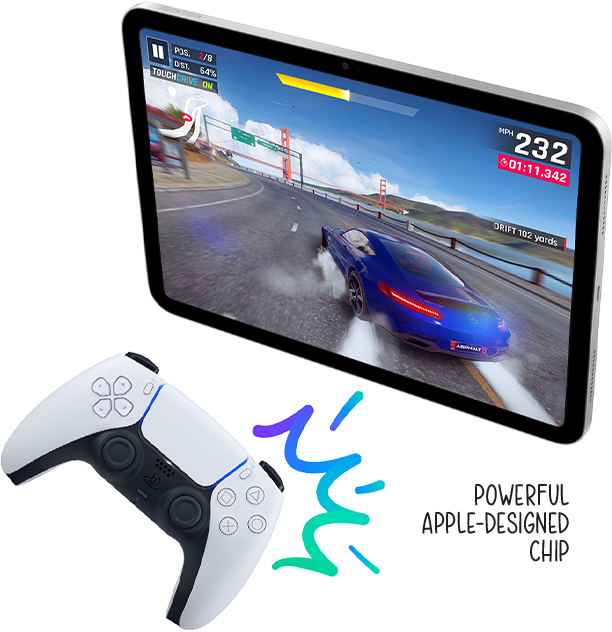 Game controller wirelessly connected to iPad. Annotation pointing to iPad reading “Powerful Apple-designed chip”