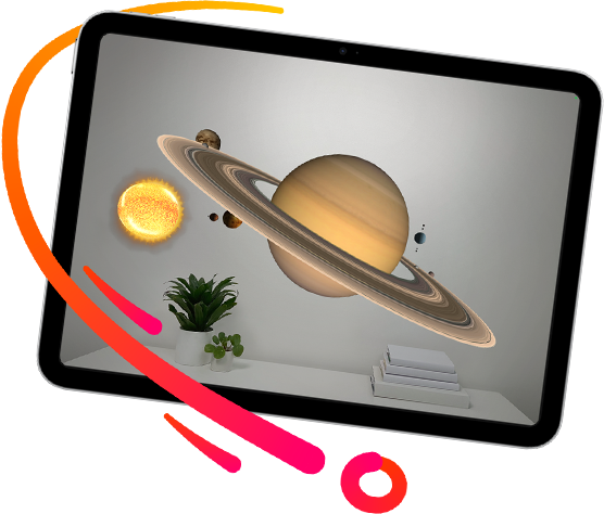 iPad screen showing an AR solar system inside a room