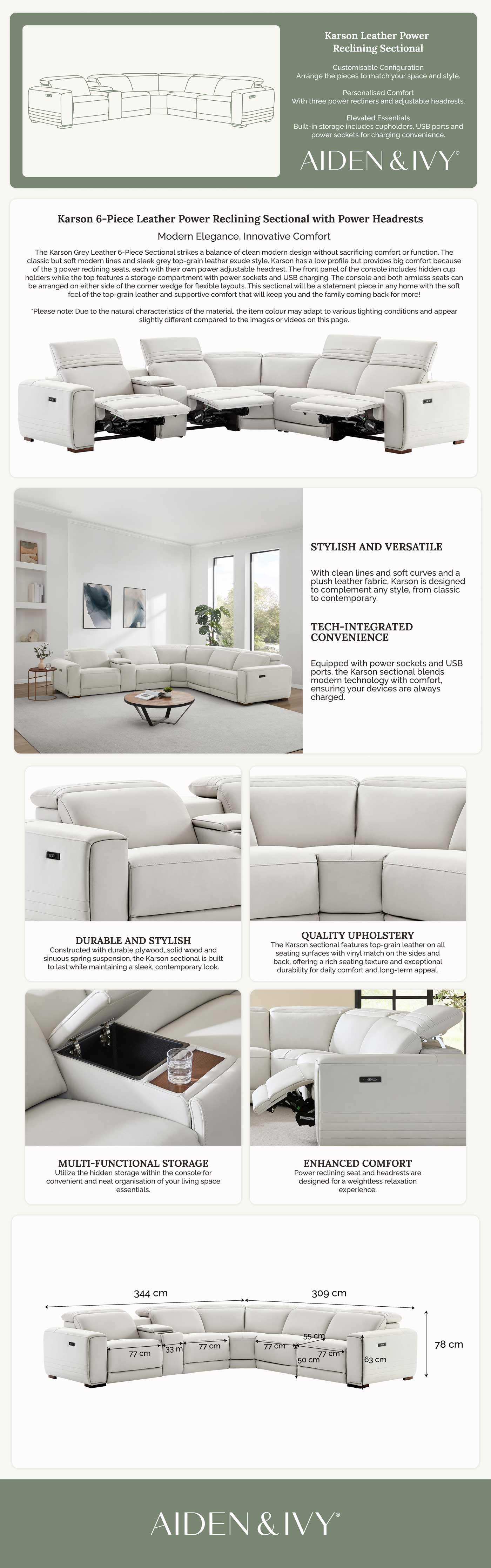 Karson Leather Power Reclining Sectional