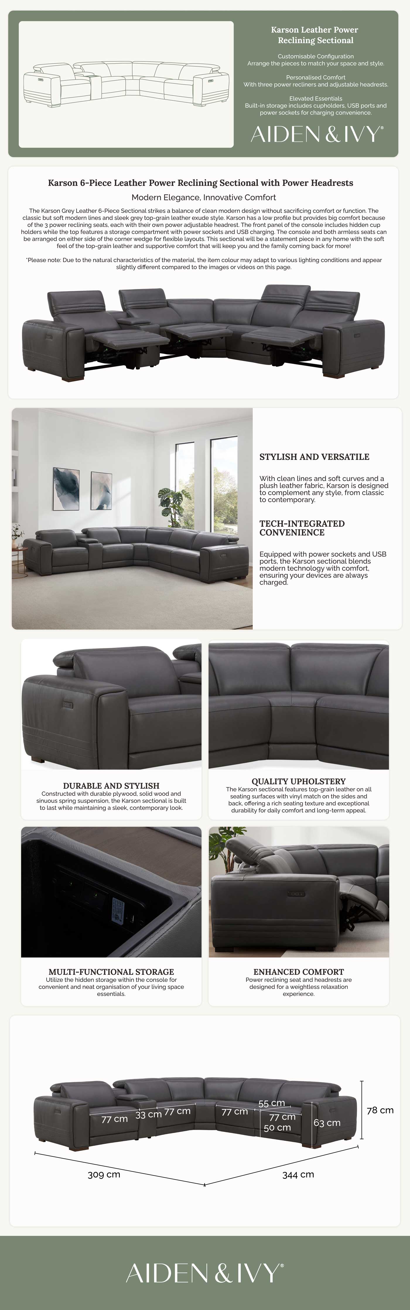 Karson Leather Power Reclining Sectional