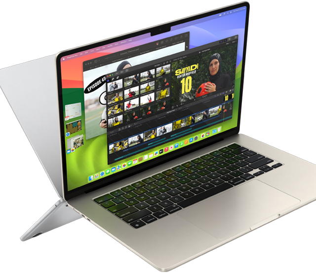 MacBook Air screen showing a video being edited to demonstrate M3 chip capabilities