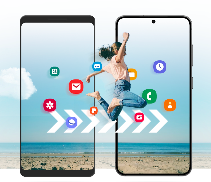 Two mobile phones with illustrated icons and a woman jumping from screen to screen to illustrate moving your contents from one device to another.