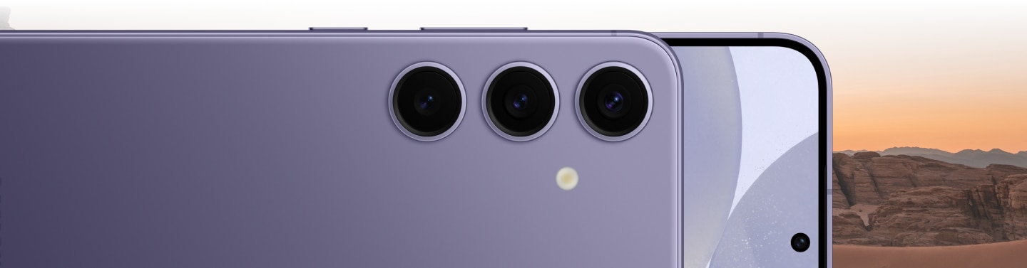 Image of Samsung galaxy S24 displaying camera and front screen on a rocky background.