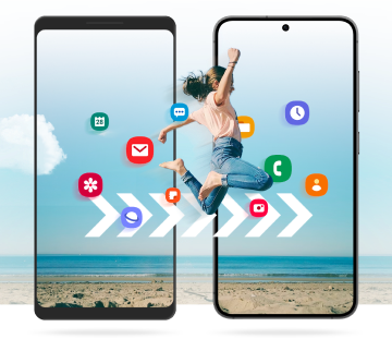 Two mobile phones with illustrated icons and a woman jumping from screen to screen to illustrate moving your contents from one device to another.