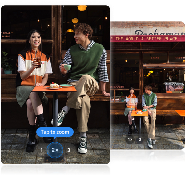 Two photos of two people sitting on a cafeteria, where the left one is zoomed to 2x.