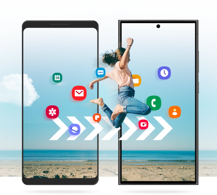 Two mobile phones with illustrated icons and a woman jumping from screen to screen to illustrate moving your contents from one device to another.