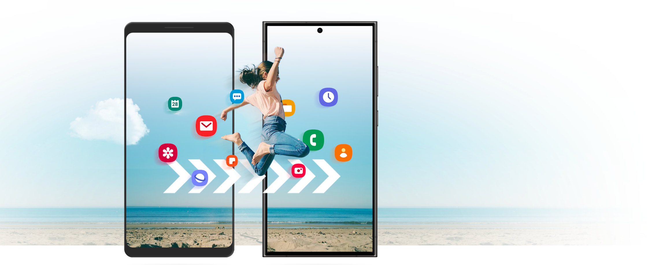 Two mobile phones with illustrated icons and a woman jumping from screen to screen to illustrate moving your contents from one device to another.
