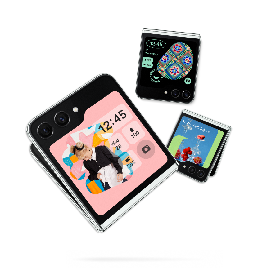 A closeup of three Galaxy Z Flip5 devoces Flex Windows with many screenshots of other apps showing how they appear on screen