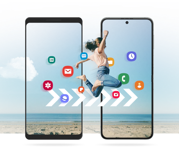 Two mobile phones with illustrated icons and a woman jumping from screen to screen to illustrate moving your contents from one device to another.