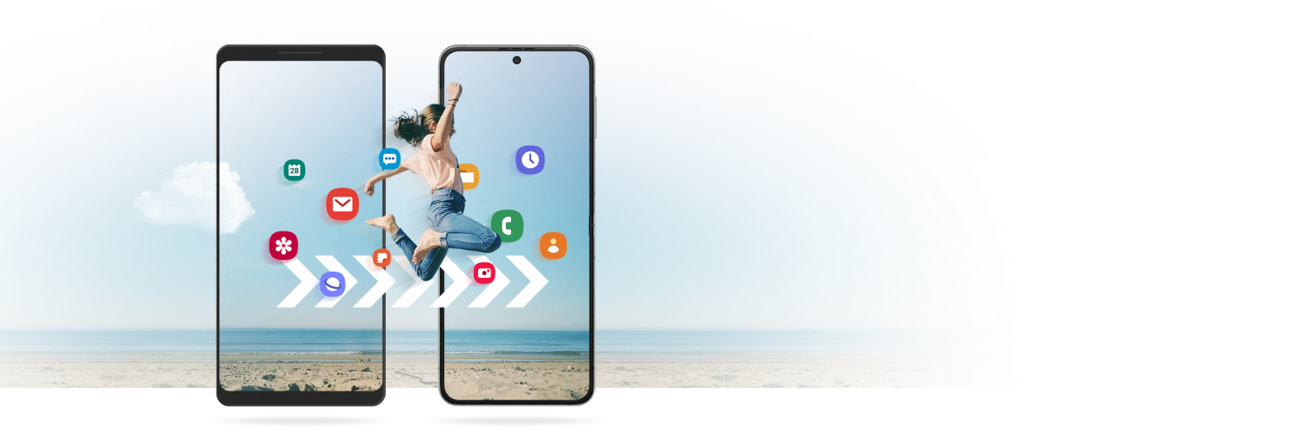 Two mobile phones with illustrated icons and a woman jumping from screen to screen to illustrate moving your contents from one device to another.