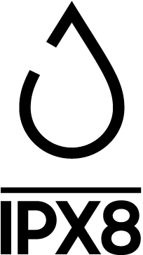 icon of a water droplet labeled as IPX8 indicating water resistance