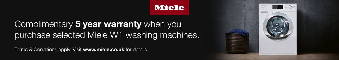 Miele complimentary 5 year warranty when you purchase selected Miele W1 washing machines.