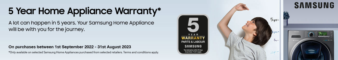 5 year home appliance warranty. Samsung proud winners of the Which? best buy award 2018