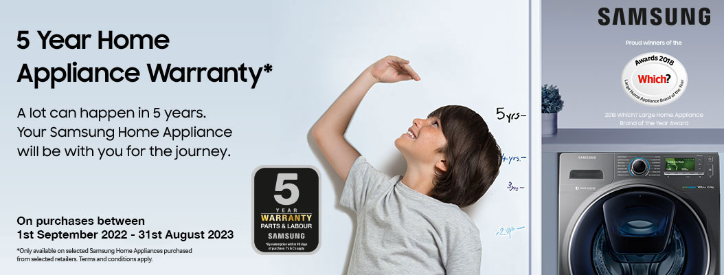 5 year home appliance warranty. Samsung proud winners of the Which? best buy award 2018