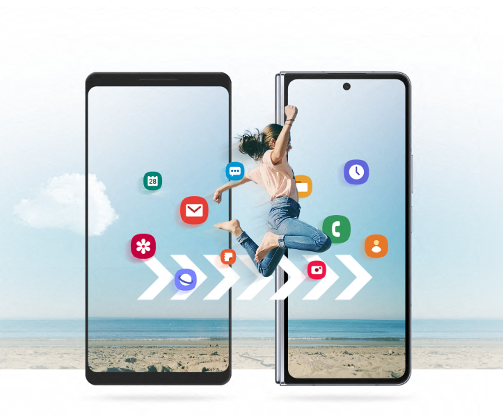 Two mobile phones with illustrated icons and a woman jumping from screen to screen to illustrate moving your contents from one device to another.