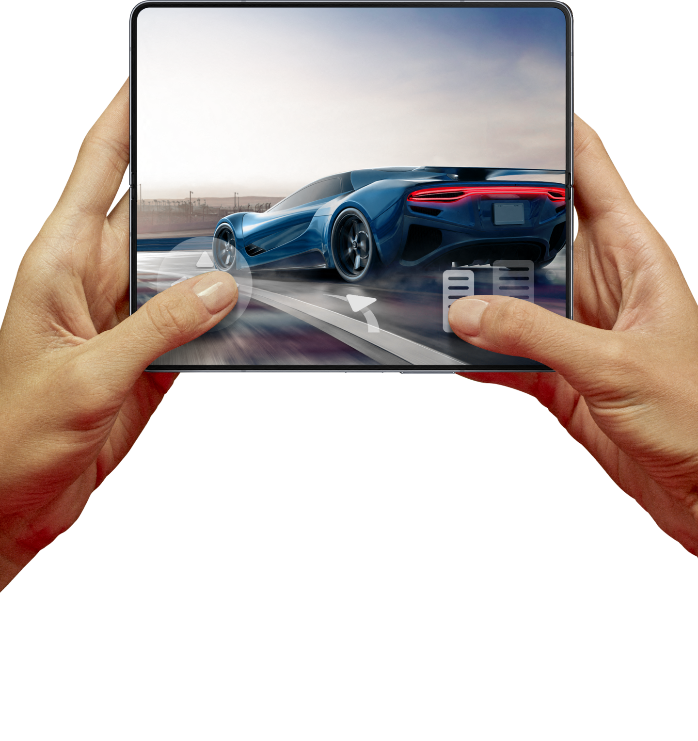 person holding the phone unfolded and plays a racing game pressing with his left thump the steering axis and with his right the pedals