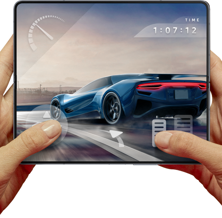 person holding the phone unfolded and plays a racing game pressing with his left thump the steering axis and with his right the pedals