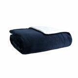 Folded throw blanket with smooth navy outer layer and fluffy white sherpa underside
