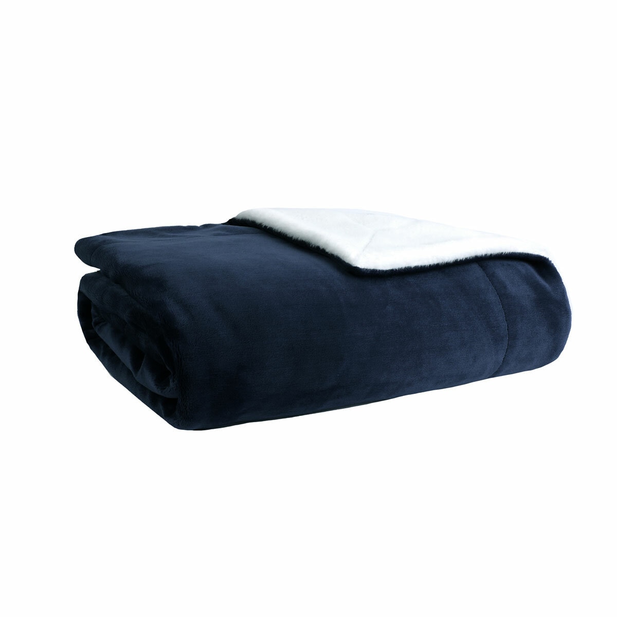 Folded throw blanket with smooth navy outer layer and fluffy white sherpa underside