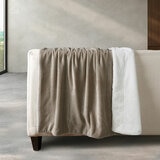 Taupe and white plush throw draped over a neutral-toned couch