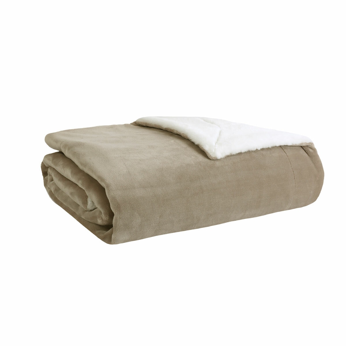 Folded throw blanket with smooth Taupe outer layer and fluffy white sherpa underside