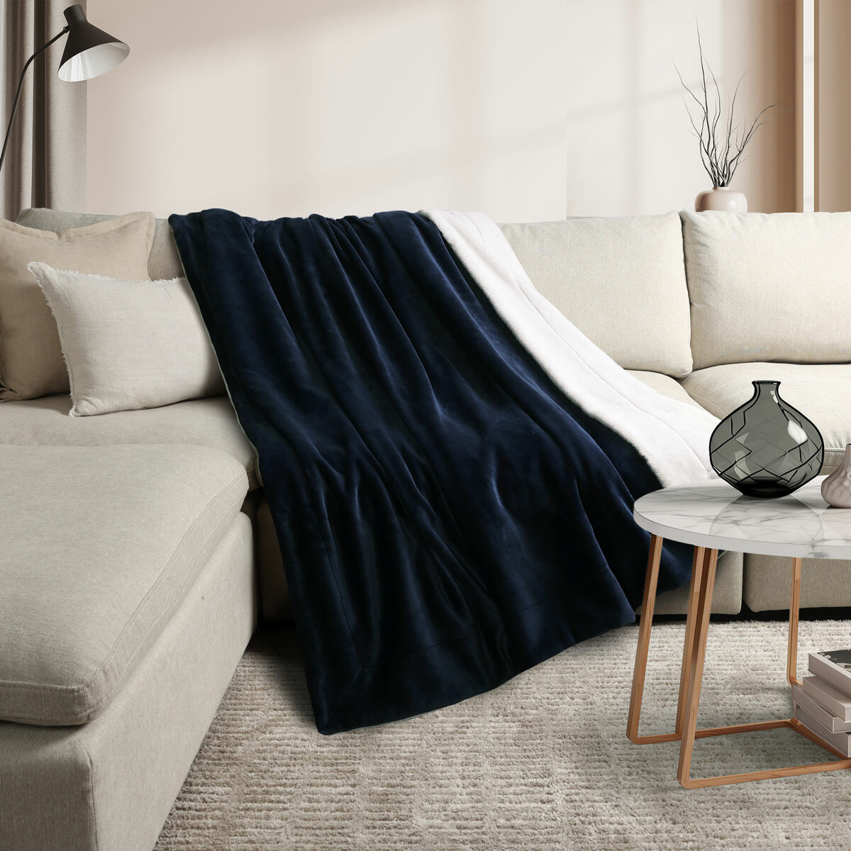 Detail of dark grey ridged blanket with white sherpa lining