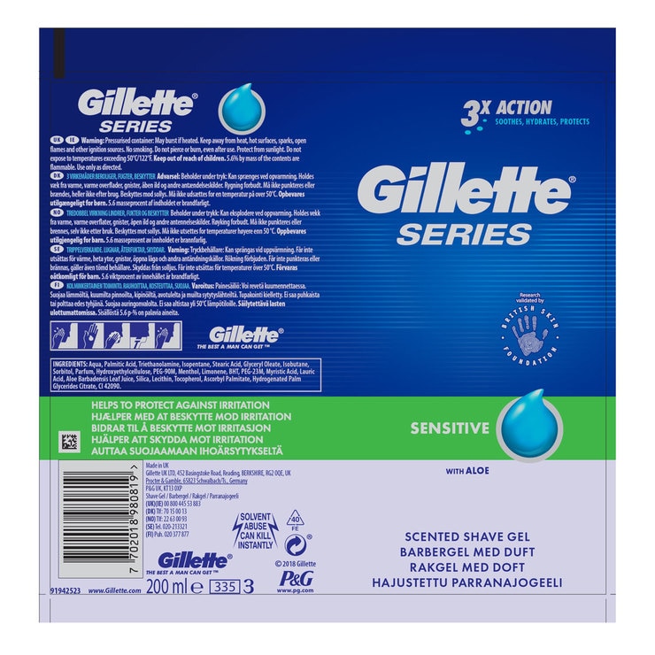 Gillette Series Sensitive Skin Shaving Gel, 6 x 200ml Costco UK