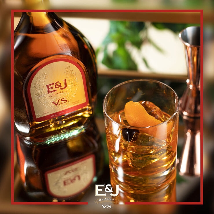 Lifestyle image of E&J brandy with cocktail and bottle images