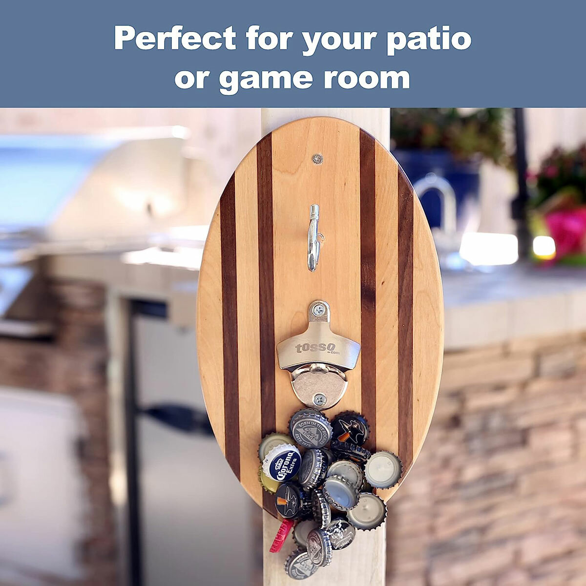 Lifestyle image showing bottle caps on the magnetic catch Lifestyle image showing bottle caps on the magnetic catch