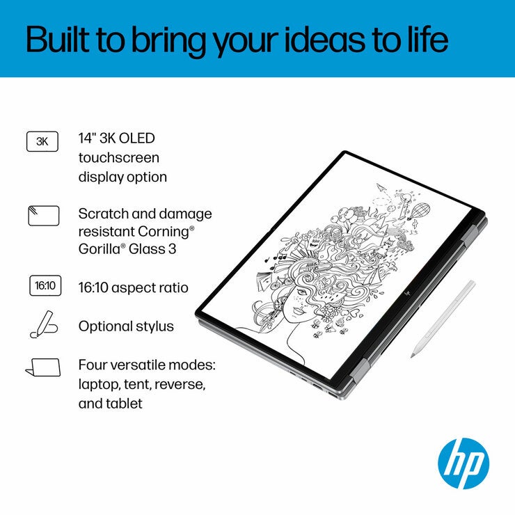 HP Omnibook X Flip, AMD Ryzen AI 7, 16GB RAM, 1TB SSD, 14 Inch Convertible 2 in 1 Laptop, 14-fk0009na