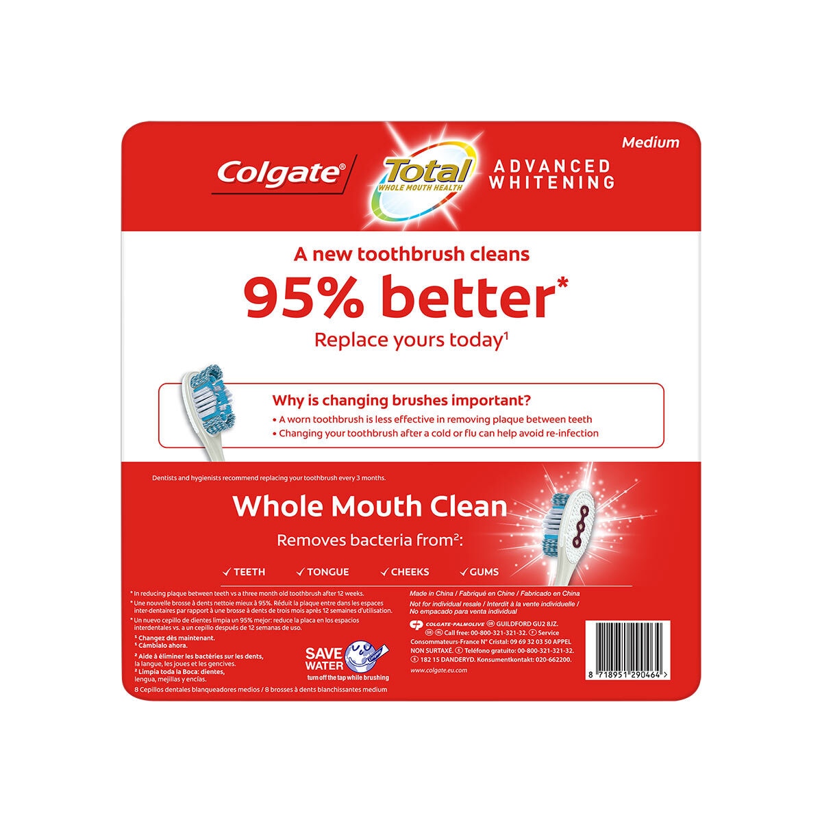 Colgate Total Advanced Whitening Medium Toothbrush, 8 Pack