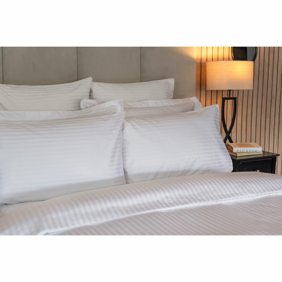 Belledorm 540 Thread Count Satin Stripe White Duvet Cover Set in 3 Sizes