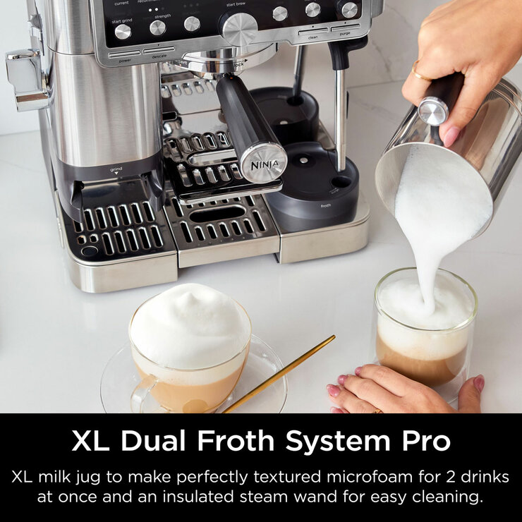 Lifestyle image of  Ninja Luxe Café Pro Espresso Machine showing XL Dual Froth System Pro